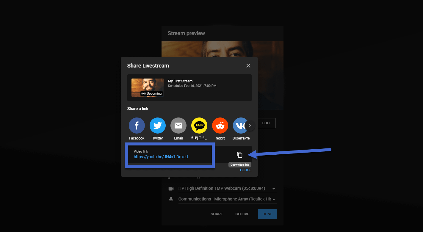copy your live stream link