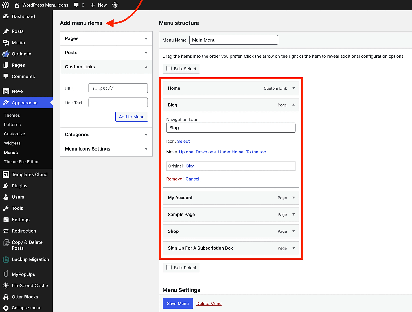 Looking at WordPress menu in the dashboard.