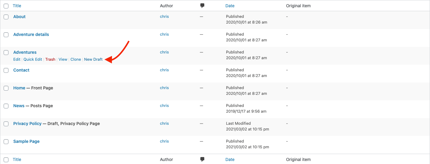 Finding the new draft option in the page list
