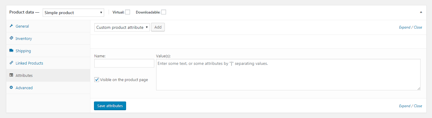 The WooCommerce product attributes section.