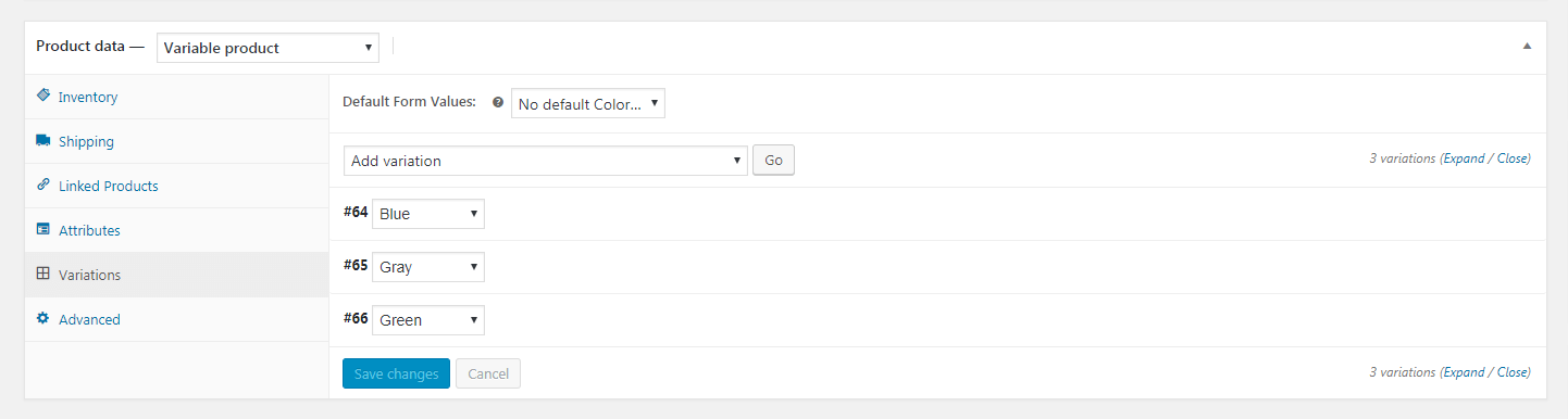 Adding variations in WooCommerce.