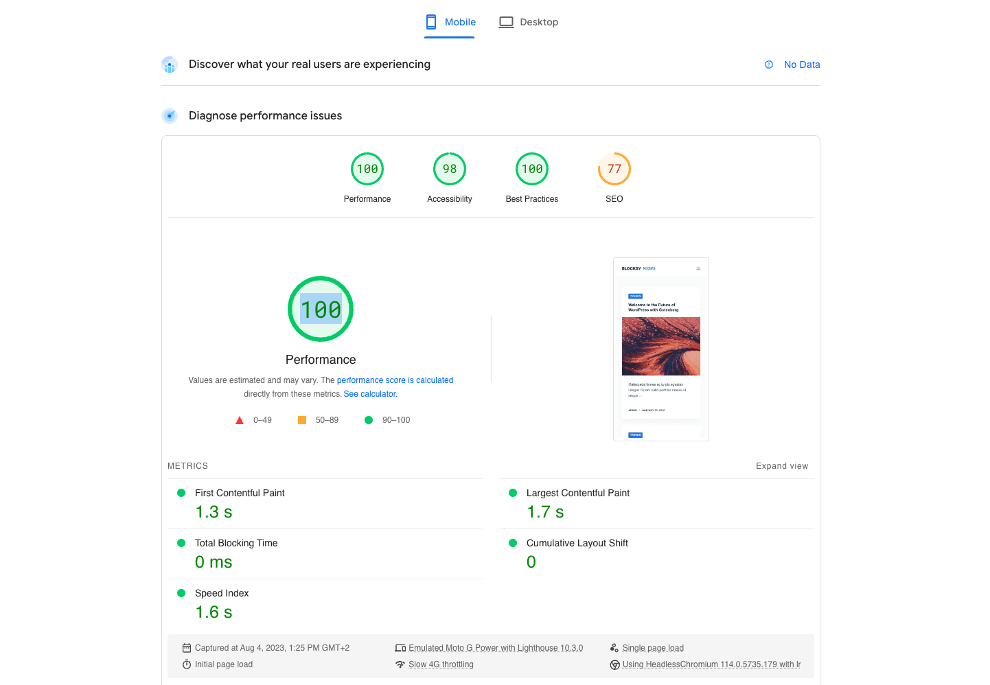 Blocksy performance results using PageSpeed Insights.