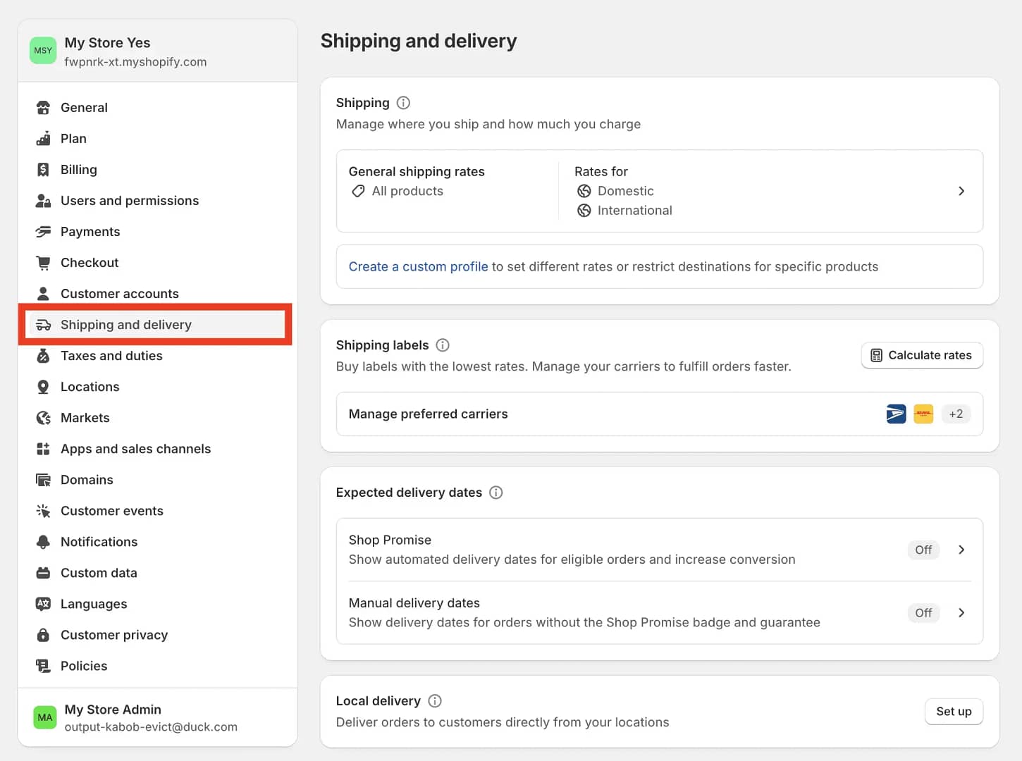 Shipping and delivery section