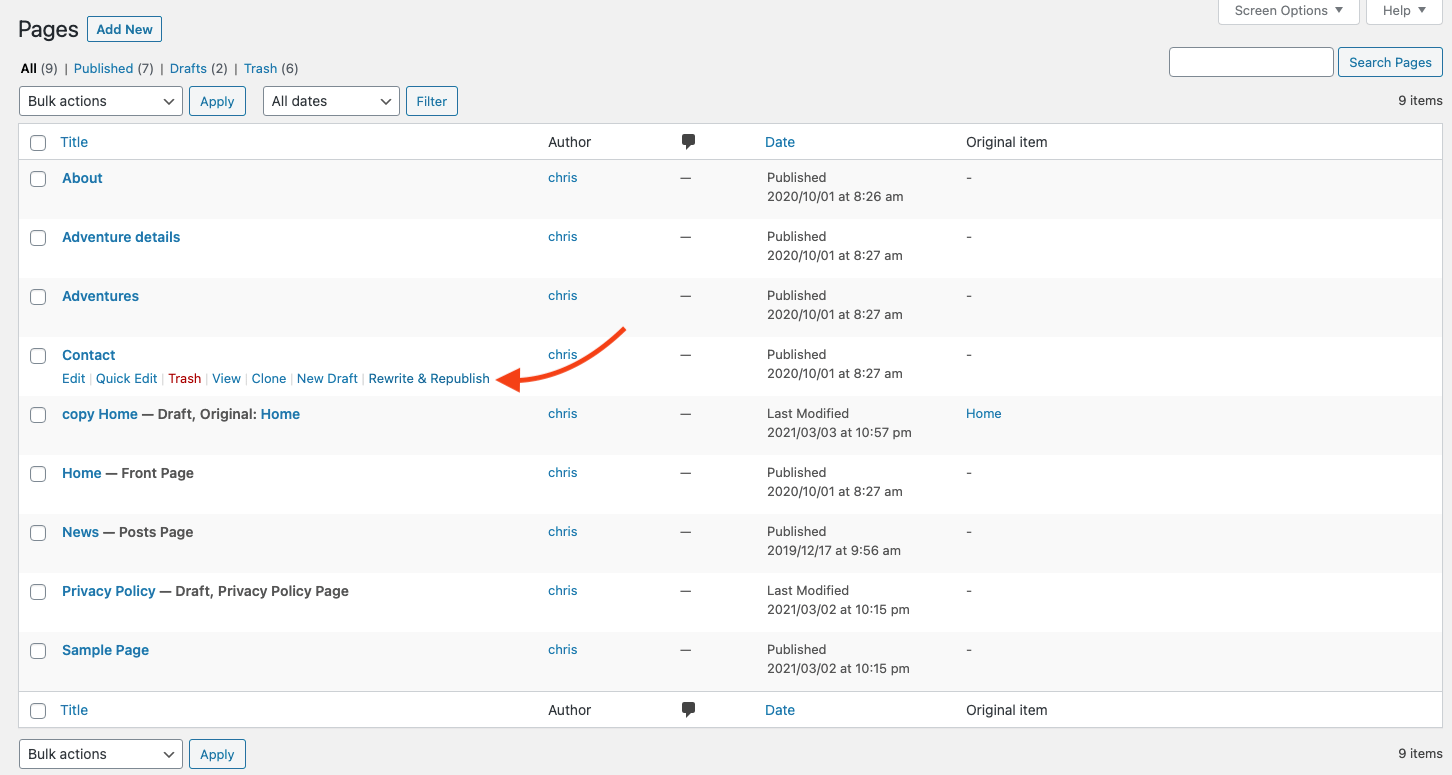 Finding the options for copying content in the page list