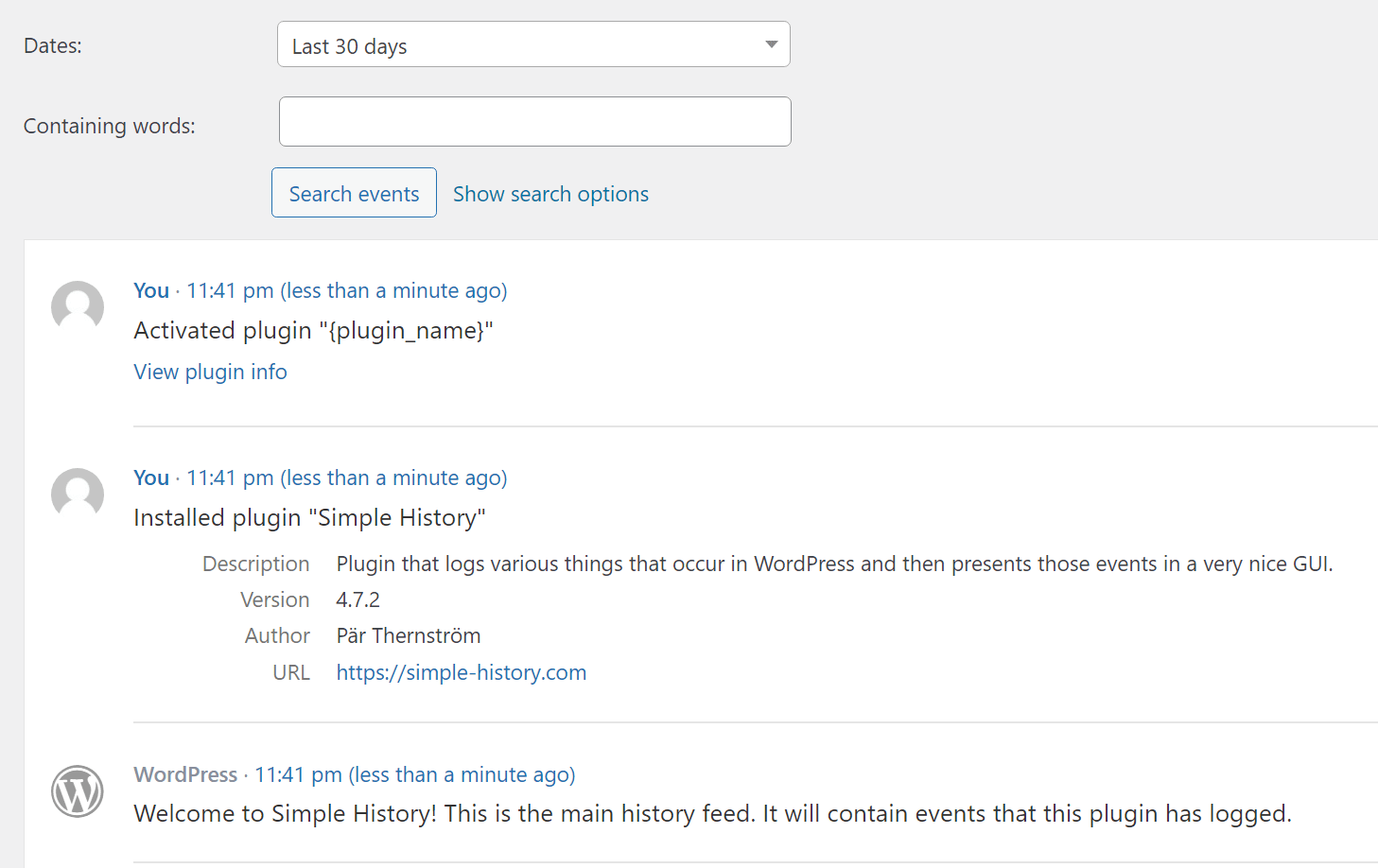 Simple History activity log