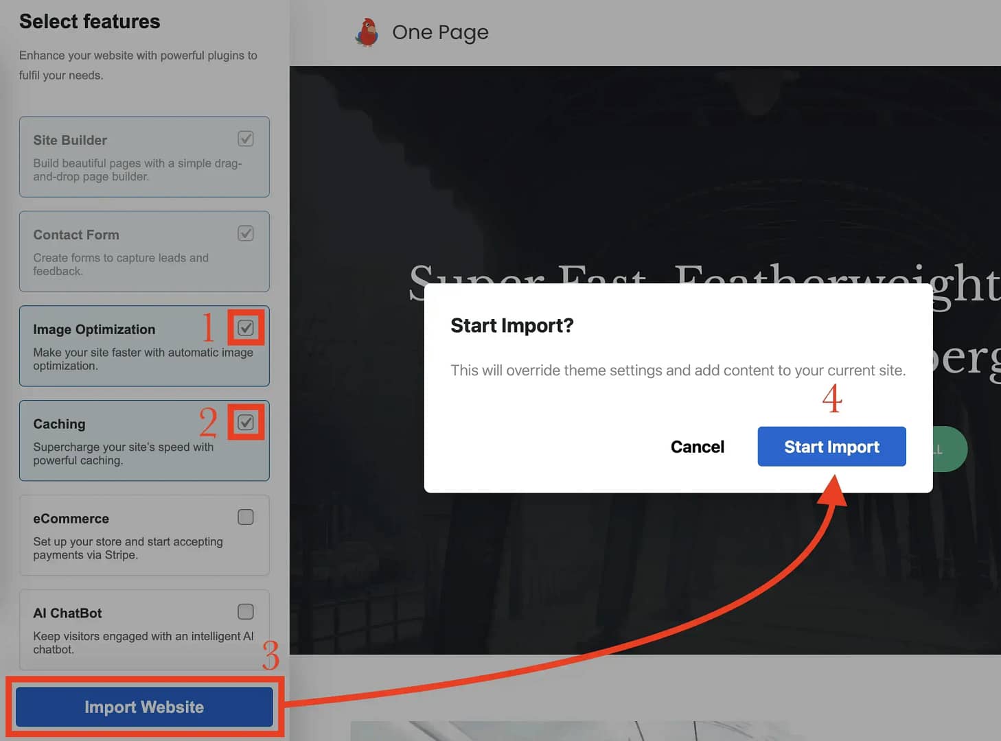 Choosing which features to add to the starter site import