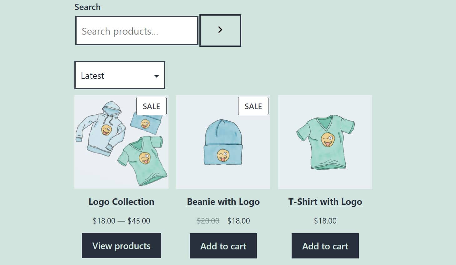 The Product Search block above a product grid
