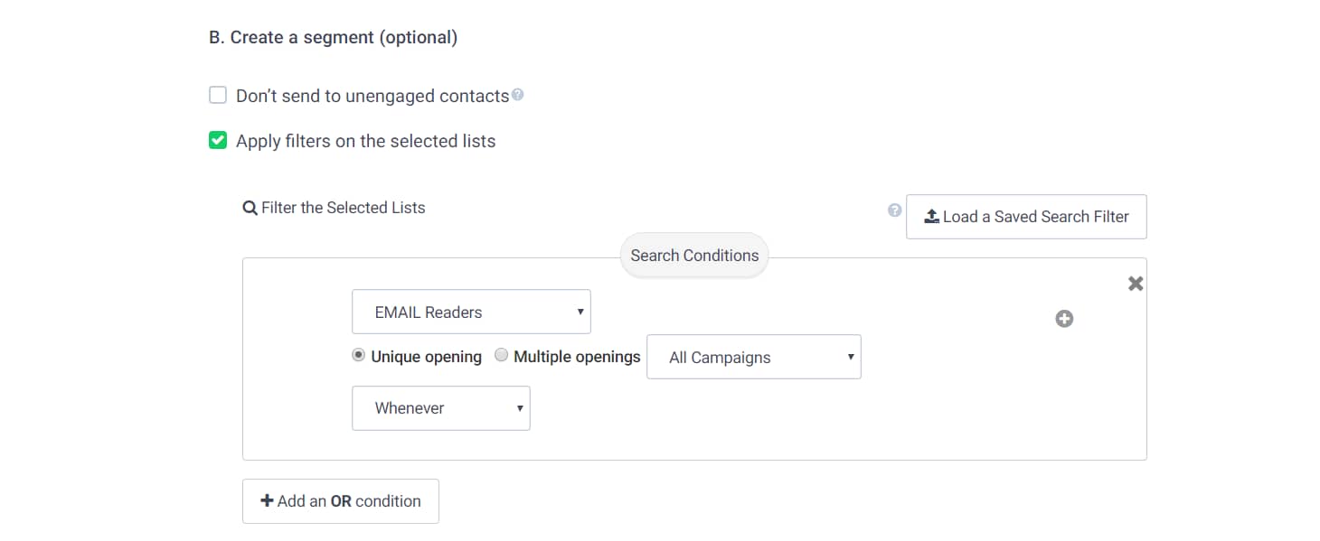 Applying segmentation settings to your email blast.