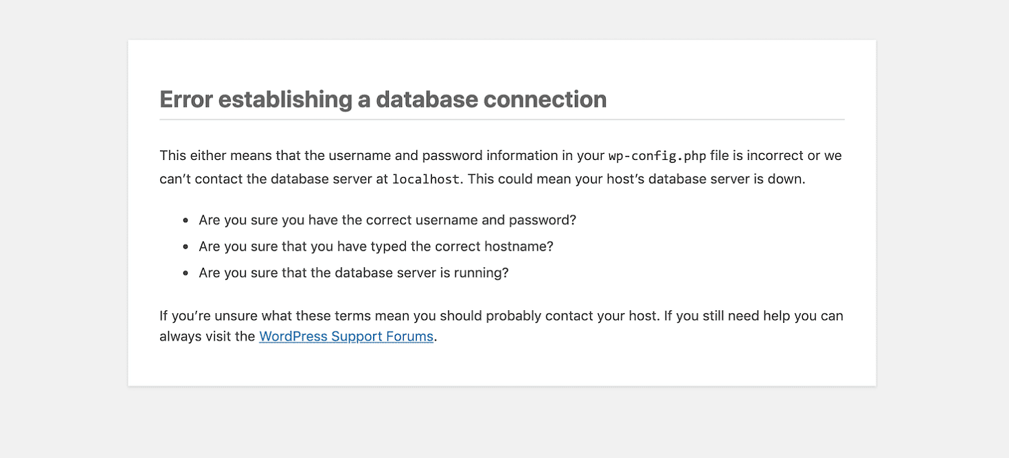 An example of the error establishing a database connection error.