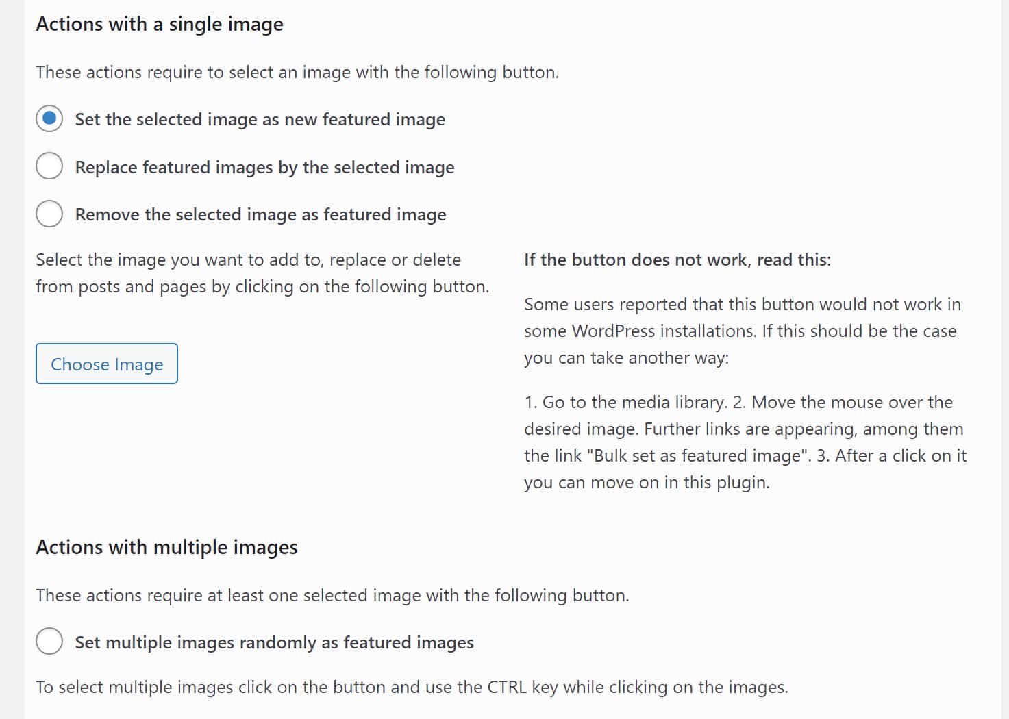 Configuring how to bulk replace featured images in WordPress.
