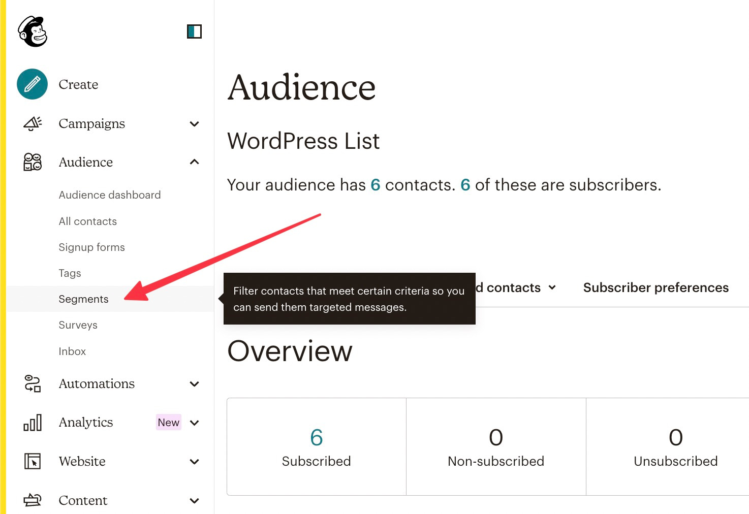 going to the segments part of mailchimp