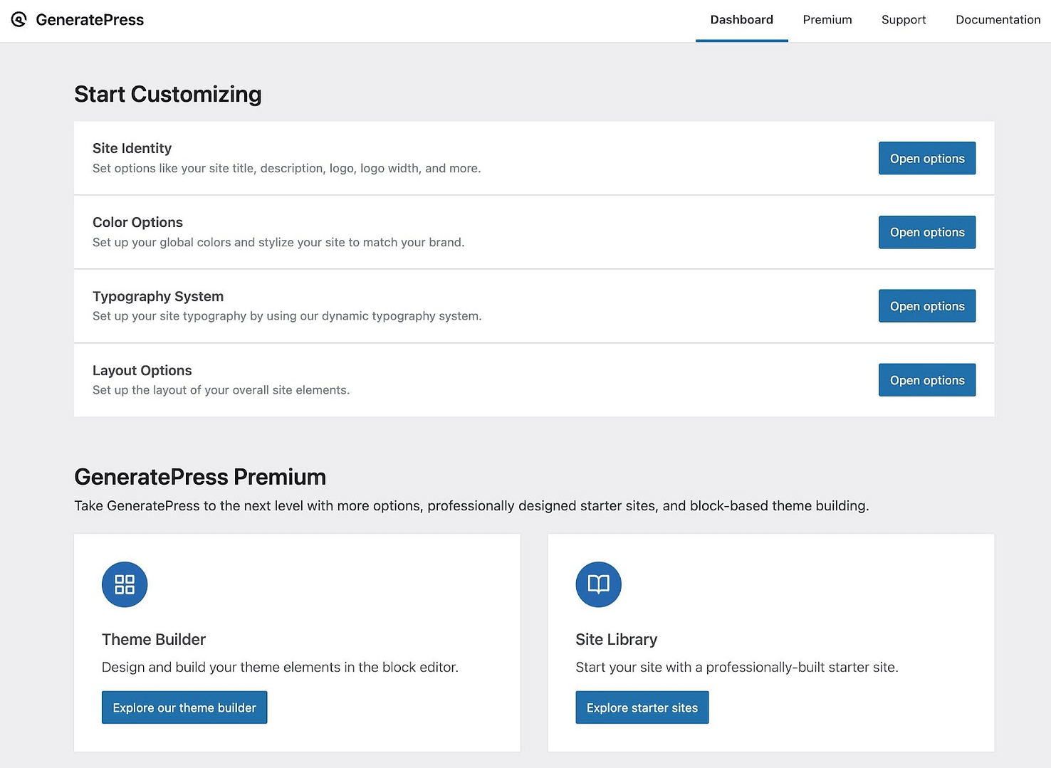 Customization area of GeneratePress.