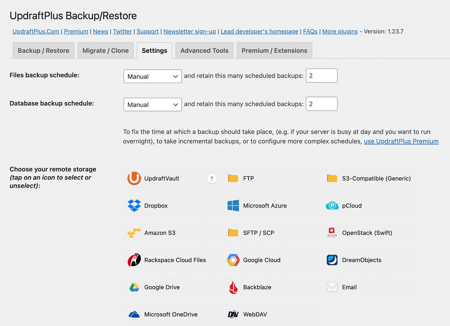 UpdraftPlus backup settings.