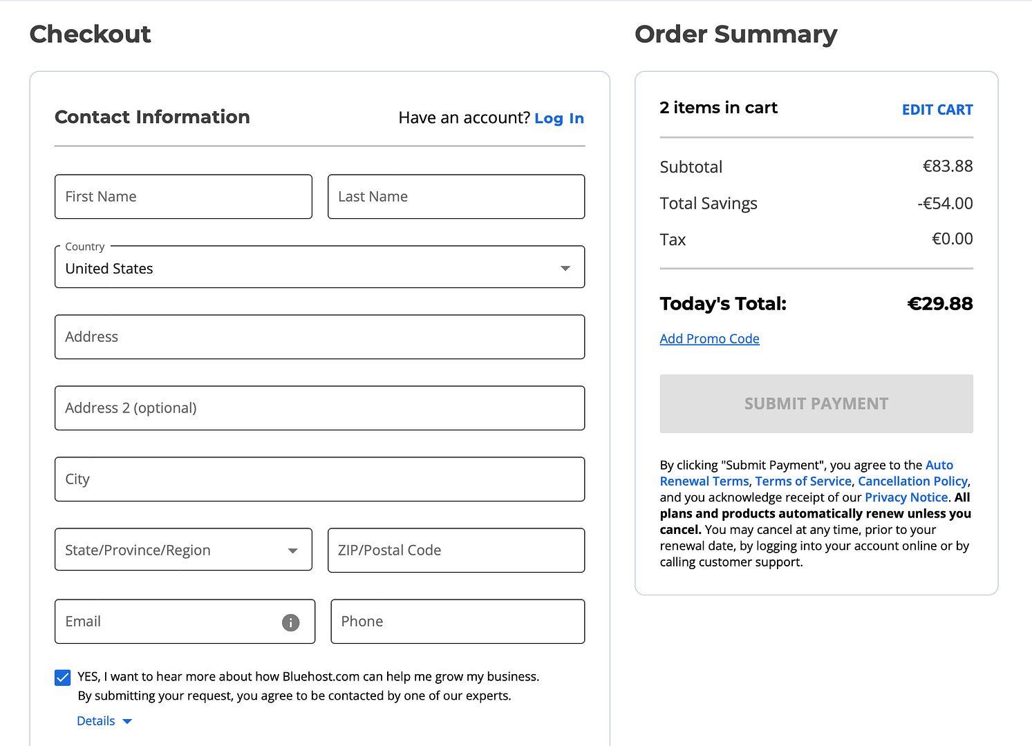 Bluehost checkout