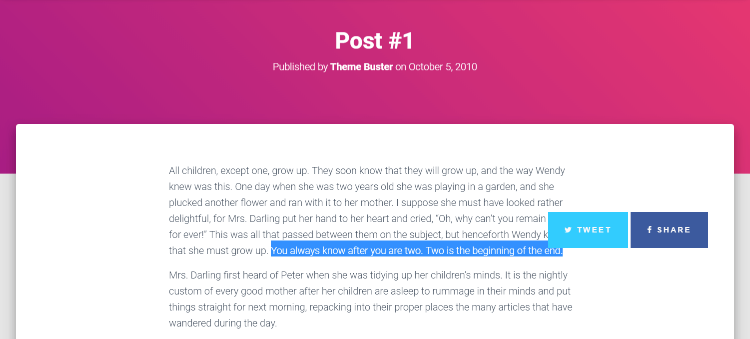 Social media buttons on highlighted text.