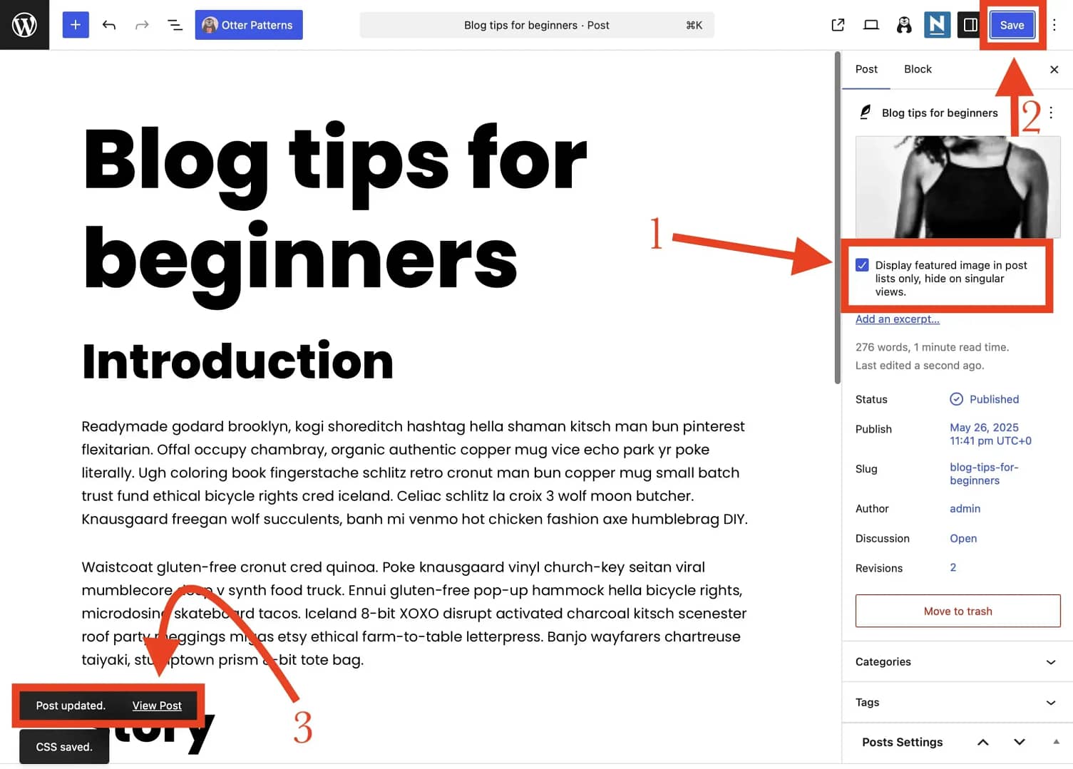 Hiding the featured image inside the block editor.