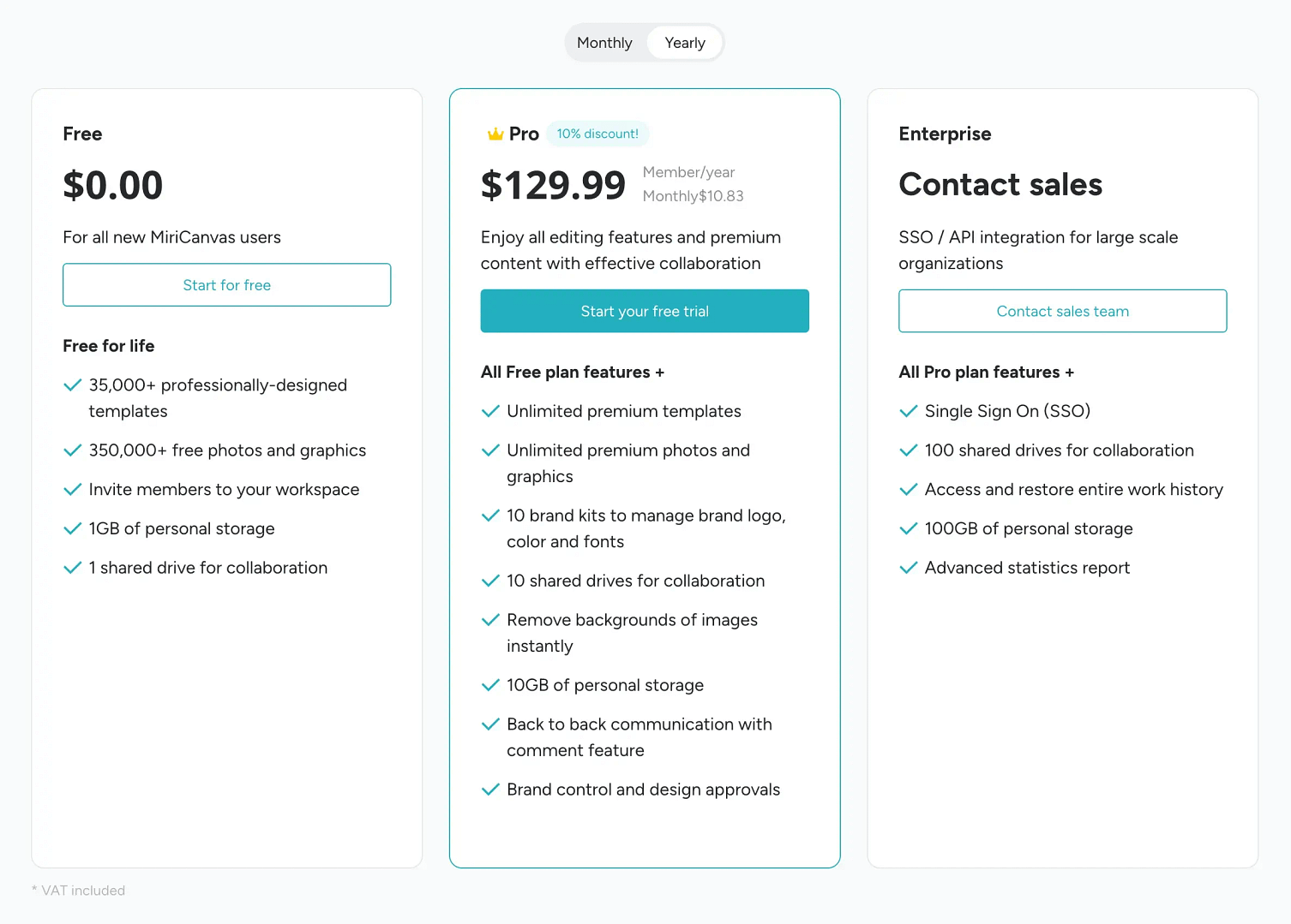 MiriCanvas pricing plans.