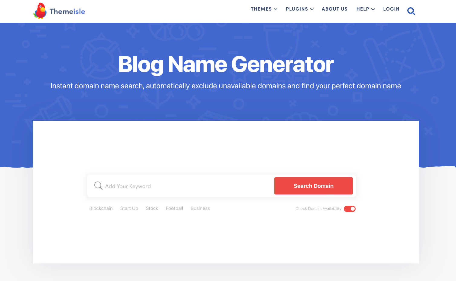 An image of ThemeIsle Blog Name Generator Page