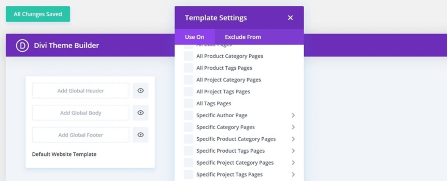 Divi Builder template settings.