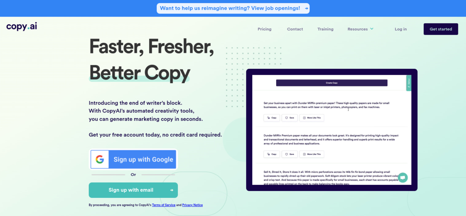 Copy.ai AI writing generator tool