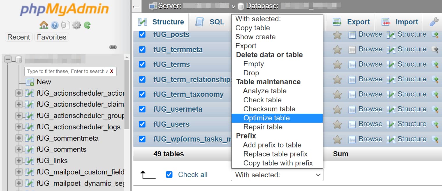 How to optimize WordPress database tables with phpMyAdmin. 