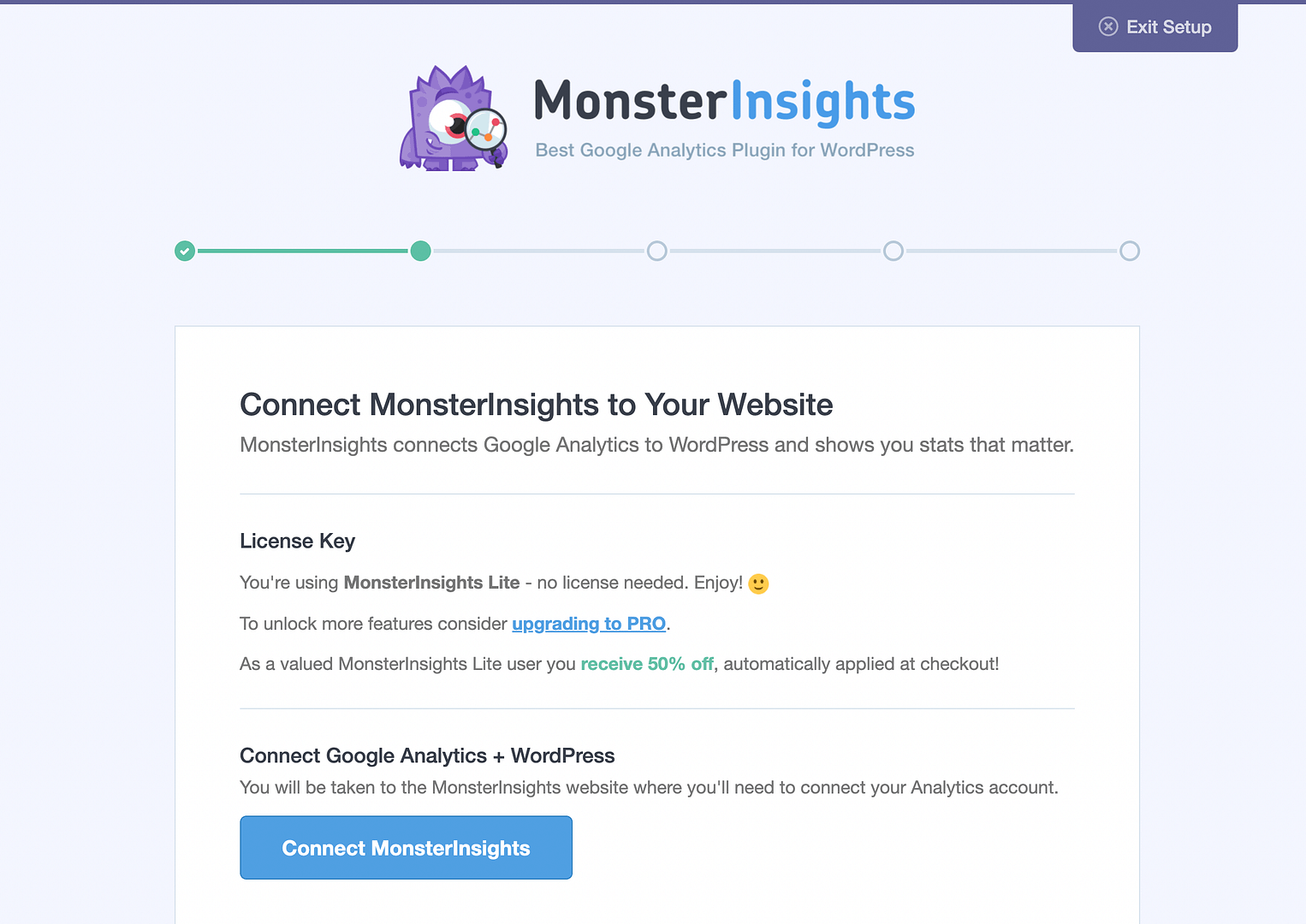 Connect MonsterInsights to Google Analytics + WordPress.