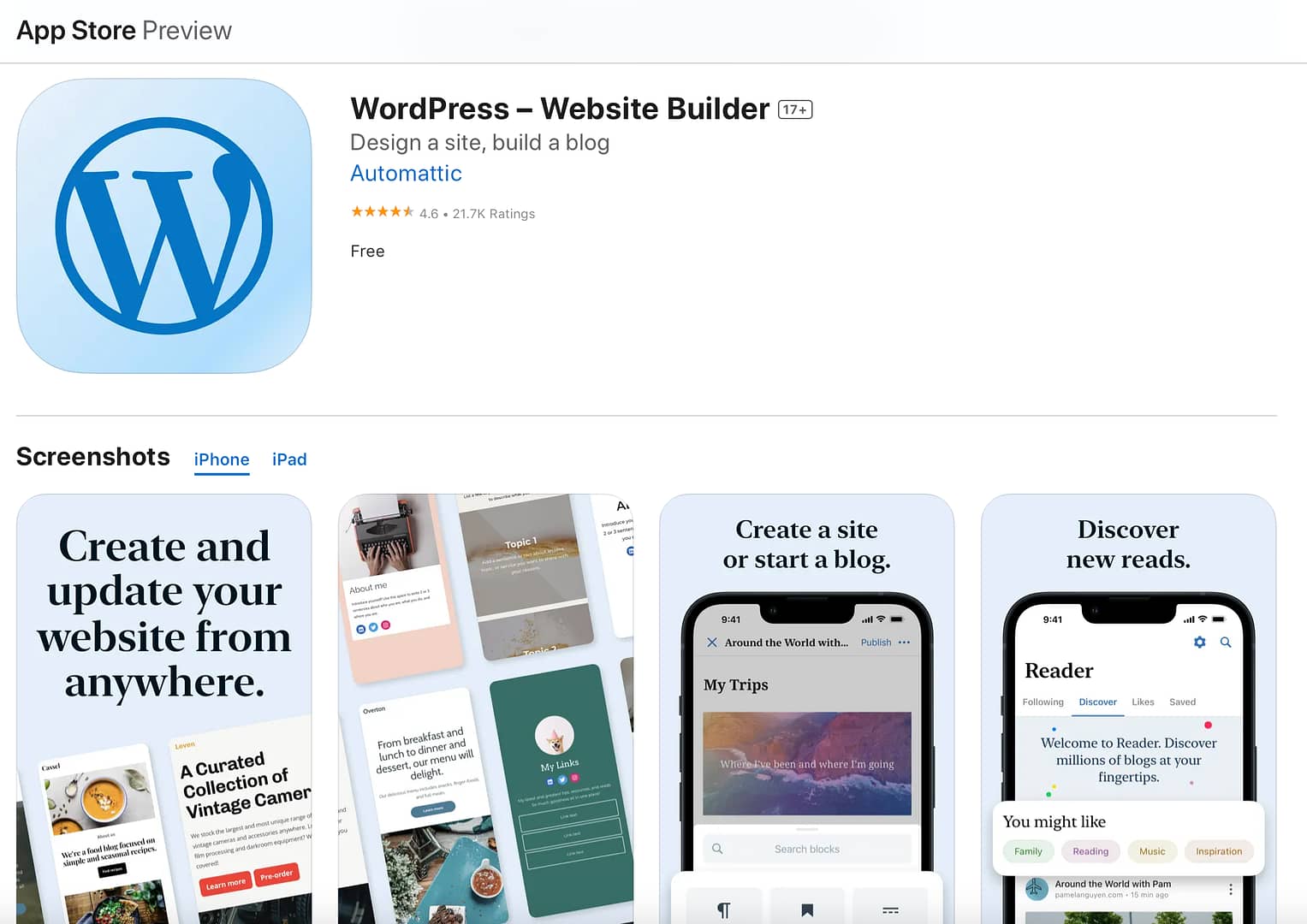 WordPress mobile app.