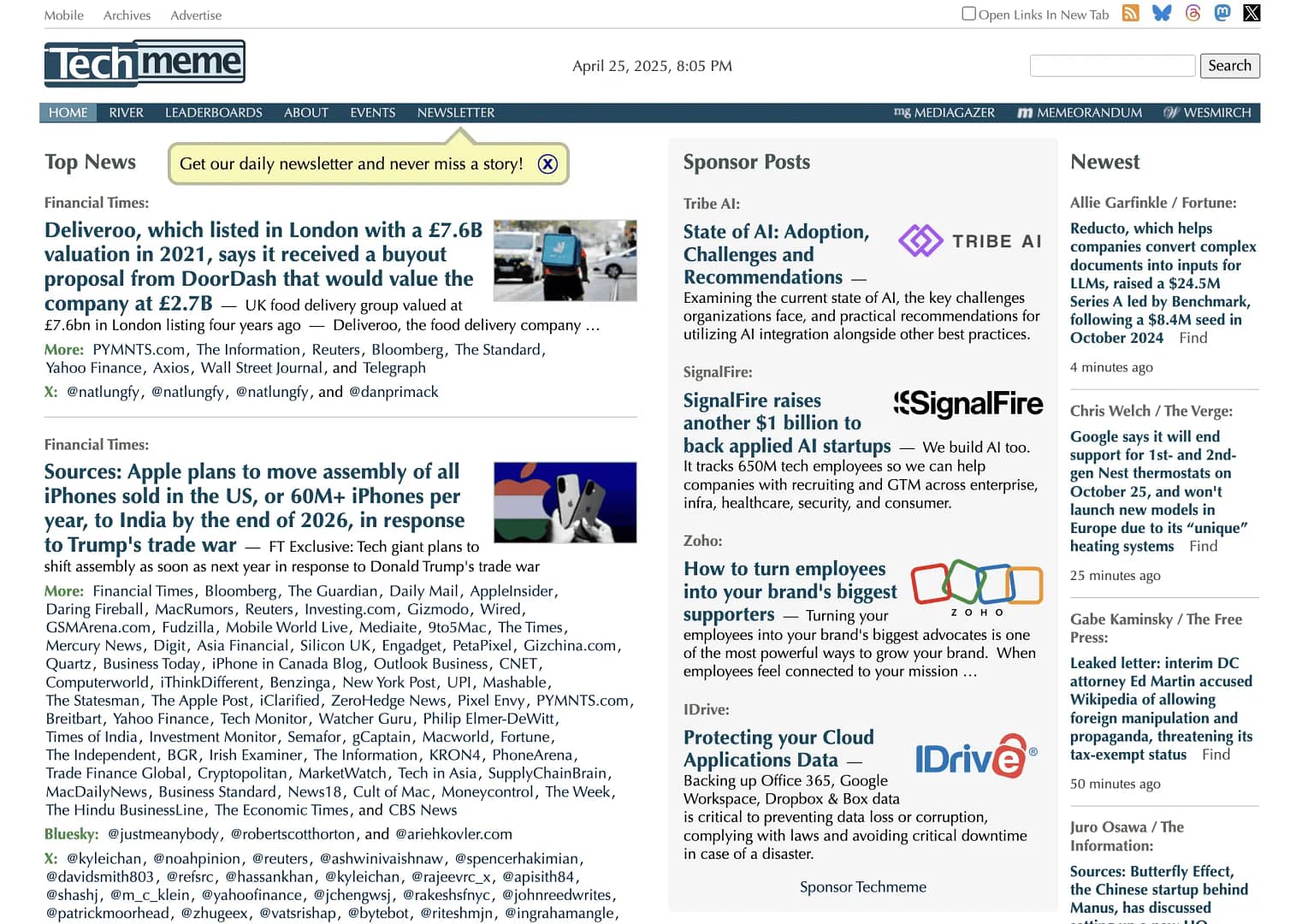 Techmeme homepage.