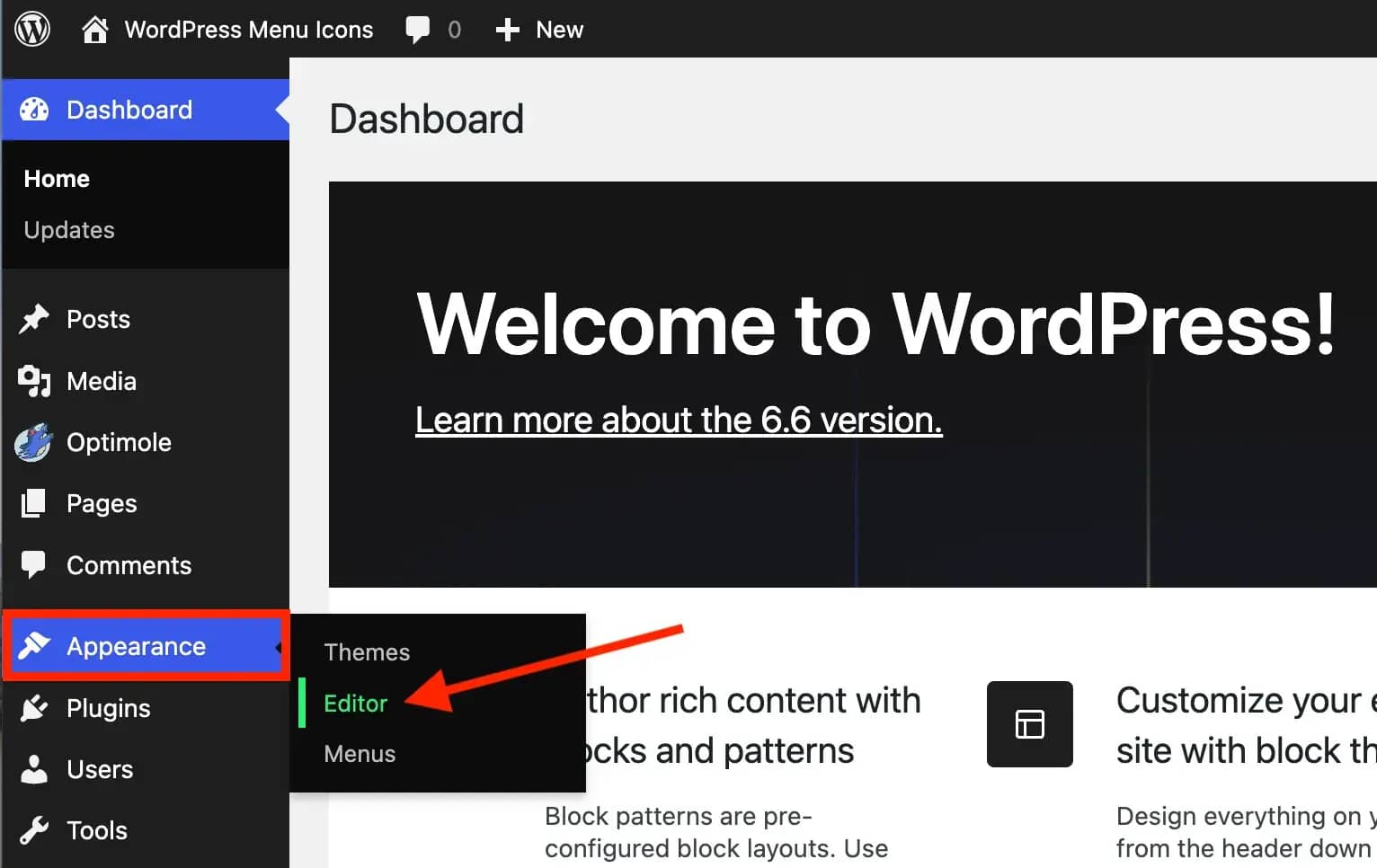 Accessing the full site editor from the WordPress dashboard.