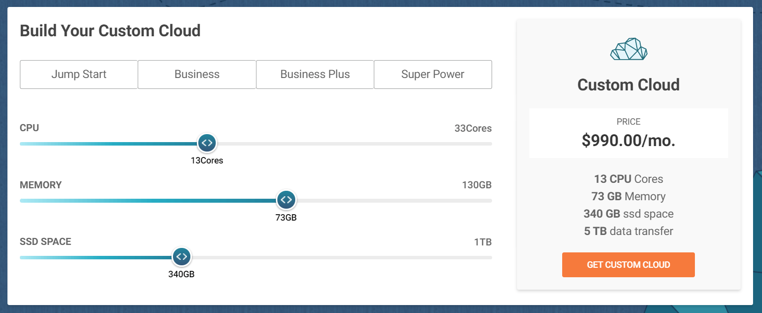 The managed cloud hosting custom plan creation screen.