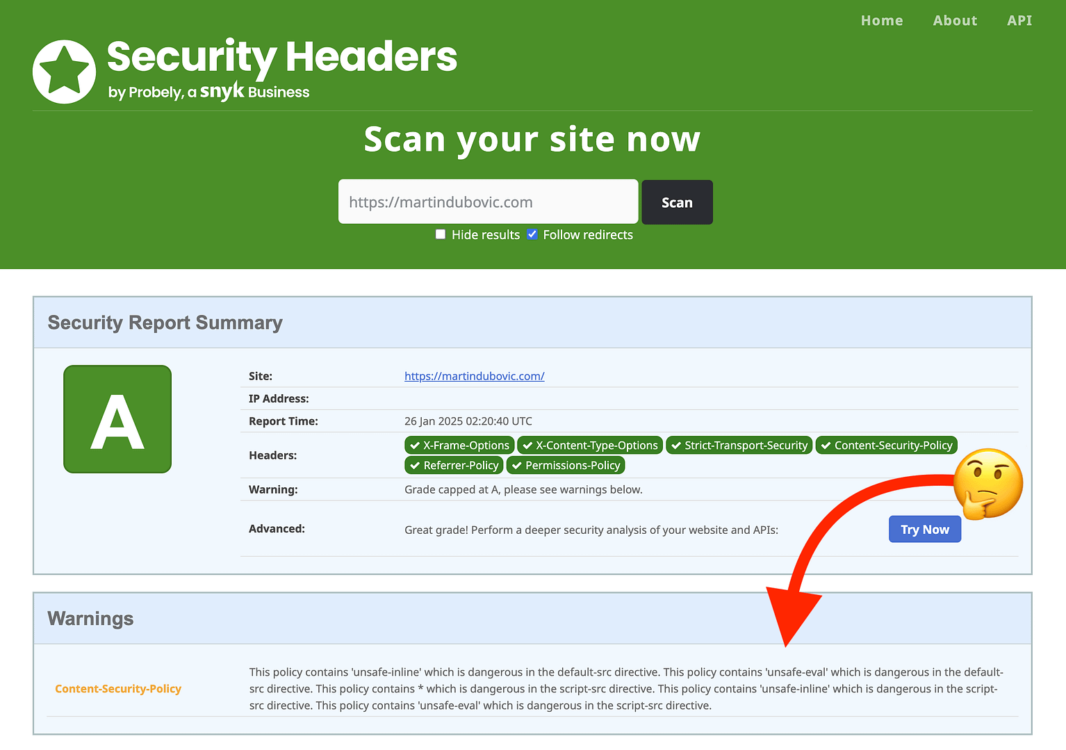 SecurityHeaders.com passed security scan but with warnings.