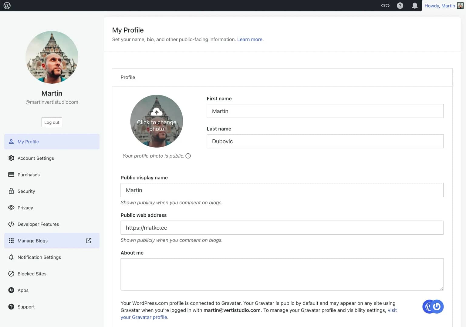 The WordPress.com user dashboard.