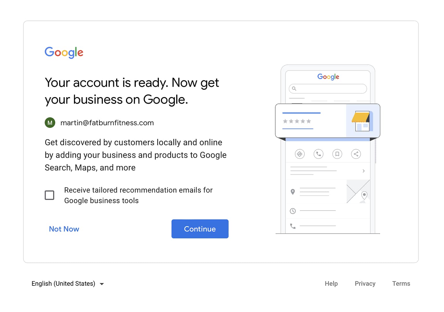 Registering a Google Business Page during Google account opening.