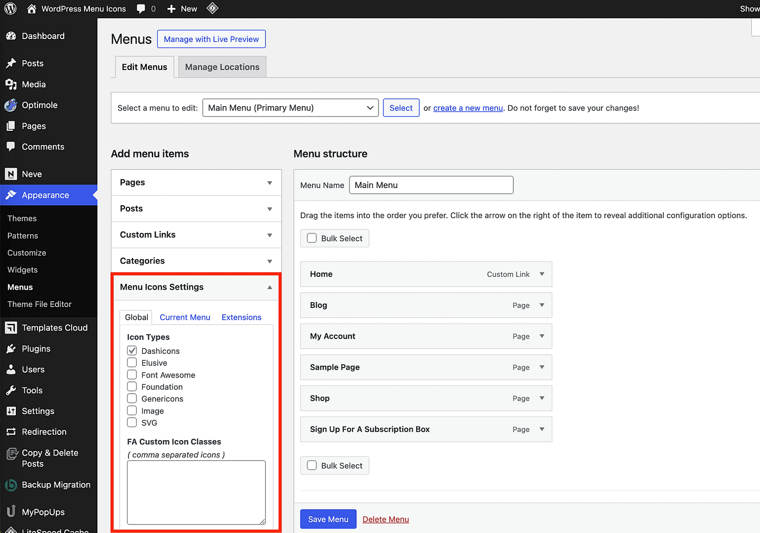 Showing the menu icon types.