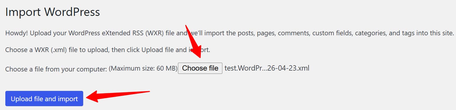 WordPress Importer upload screen with file chooser and Upload file and import button