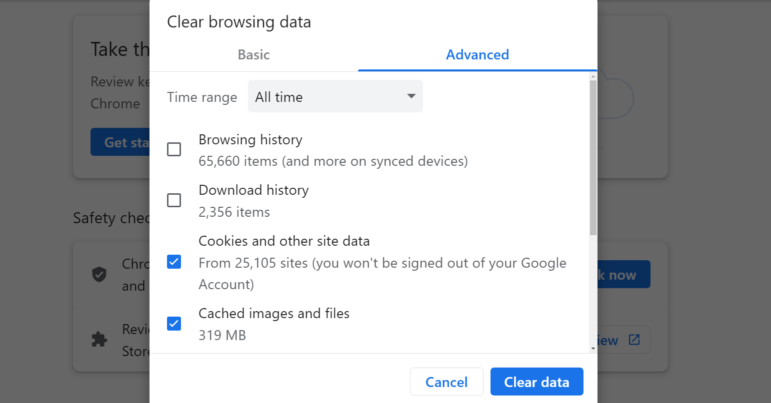 Clearing browsing data in Chrome.