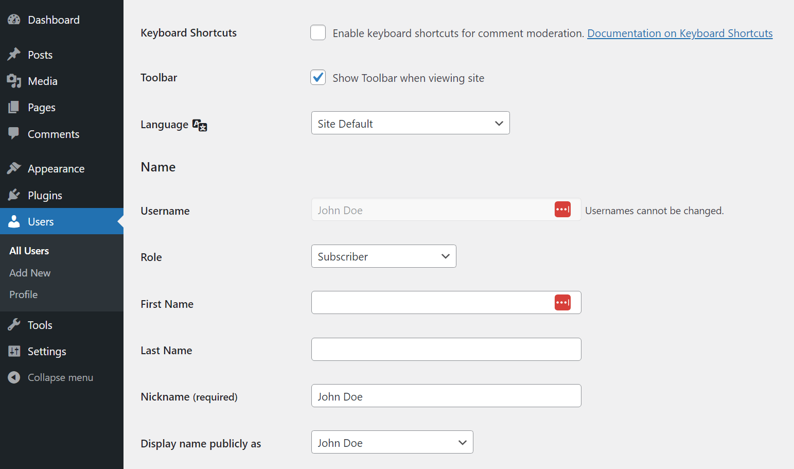 Modifying a user profile in WordPress.