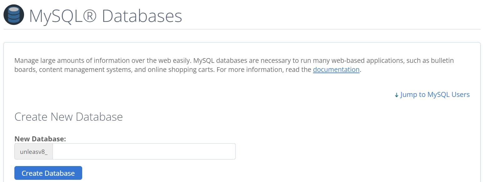 Creating a new MySQL database with cPanel.