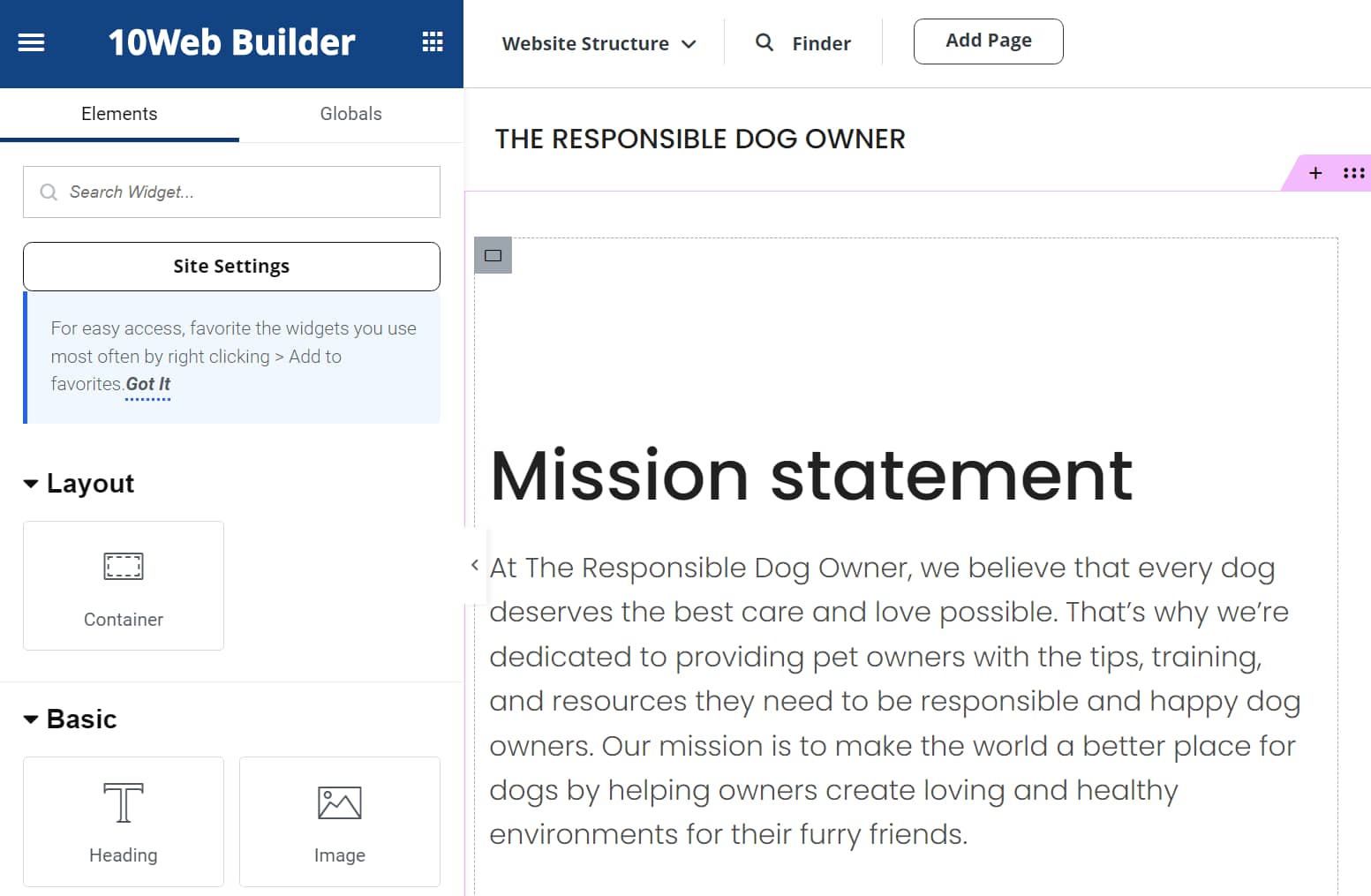 The 10Web AI Builder interface.