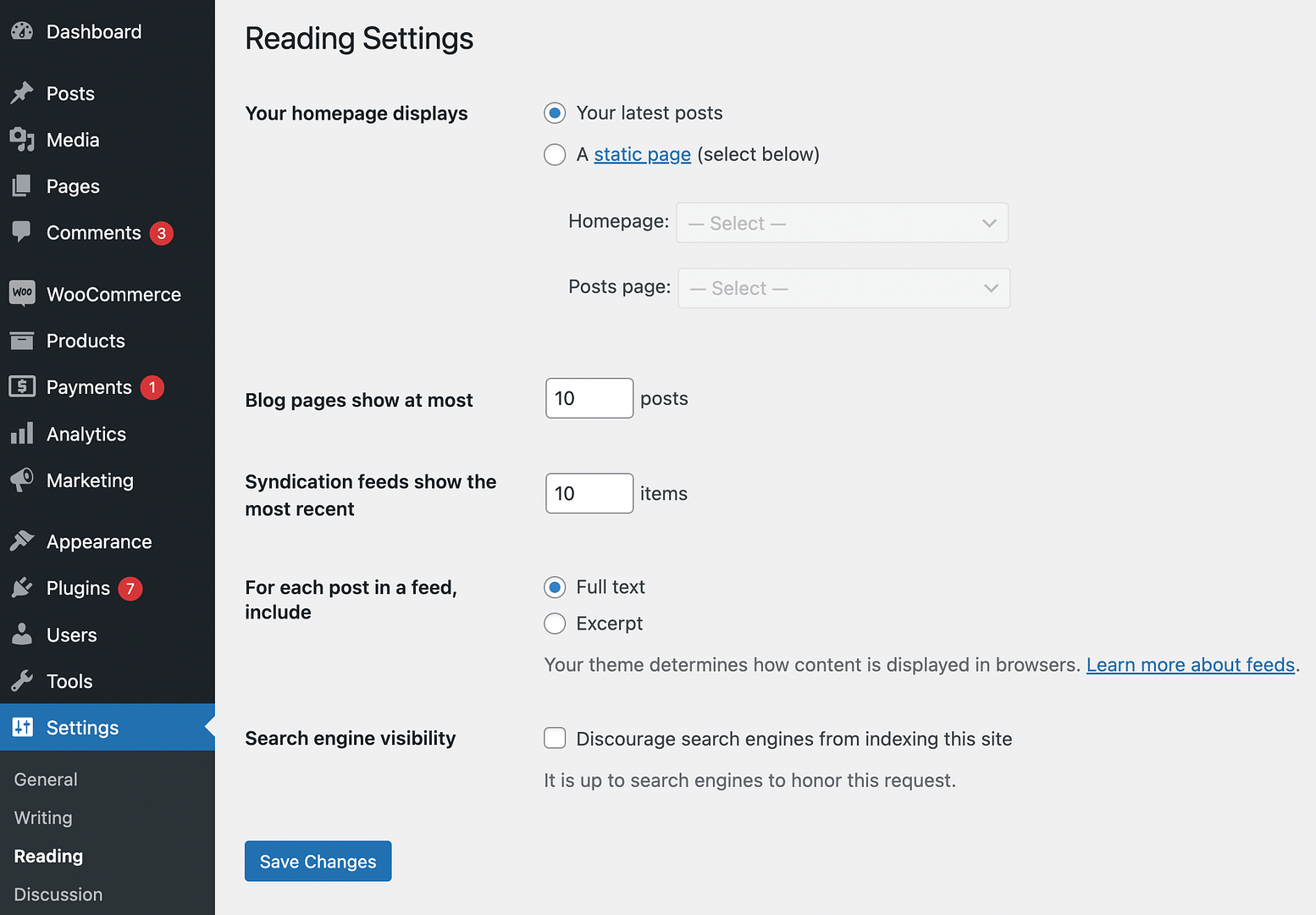 WordPress Reading settings.