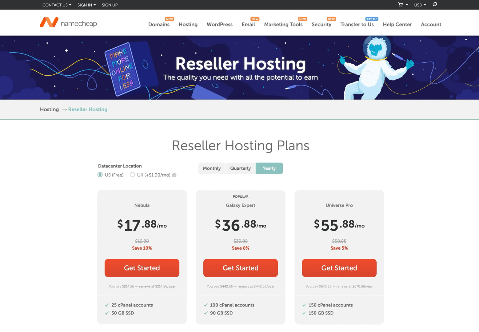 Namecheap reseller hosting plans page.