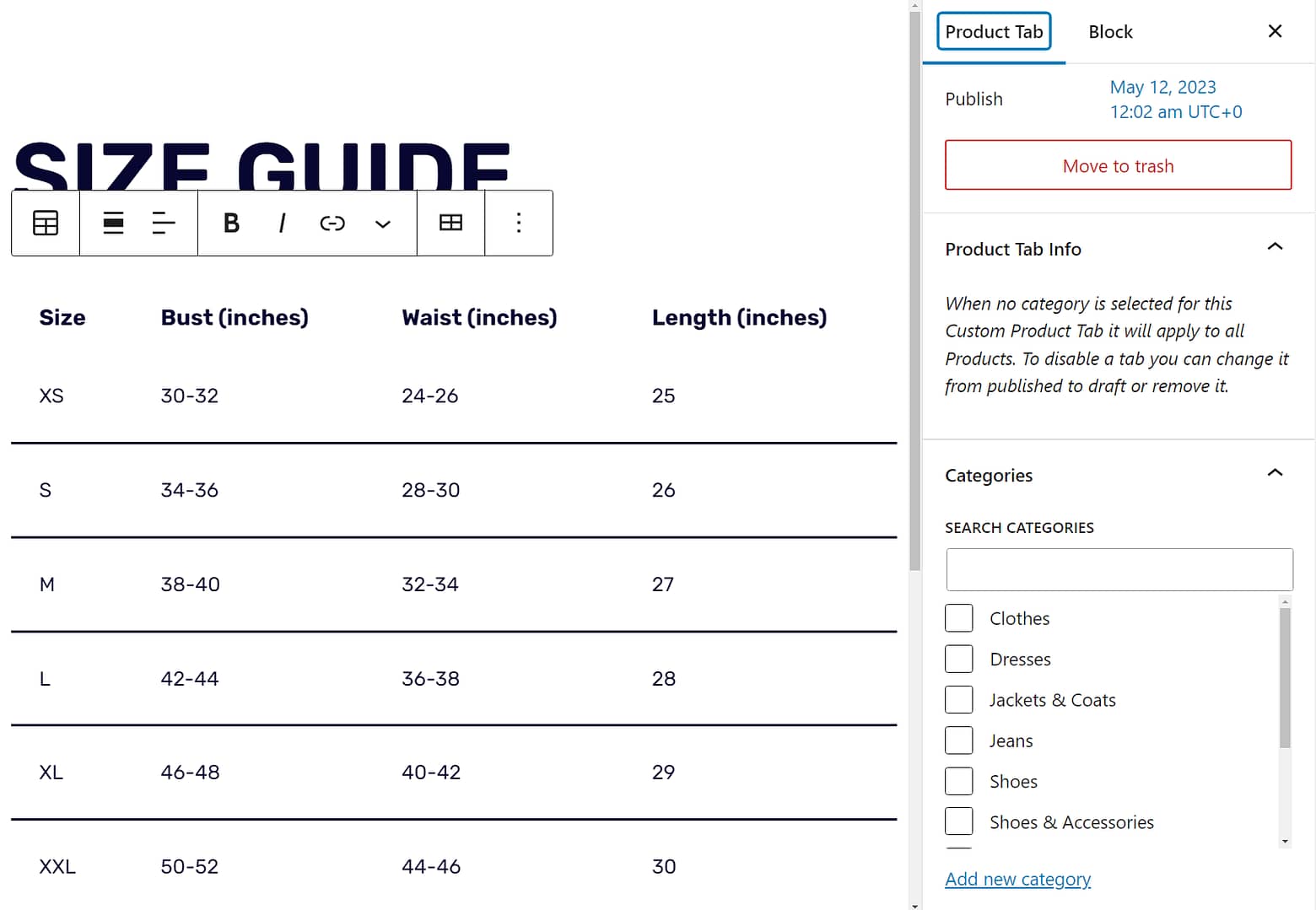 Select categories for custom product tabs in WooCommerce.