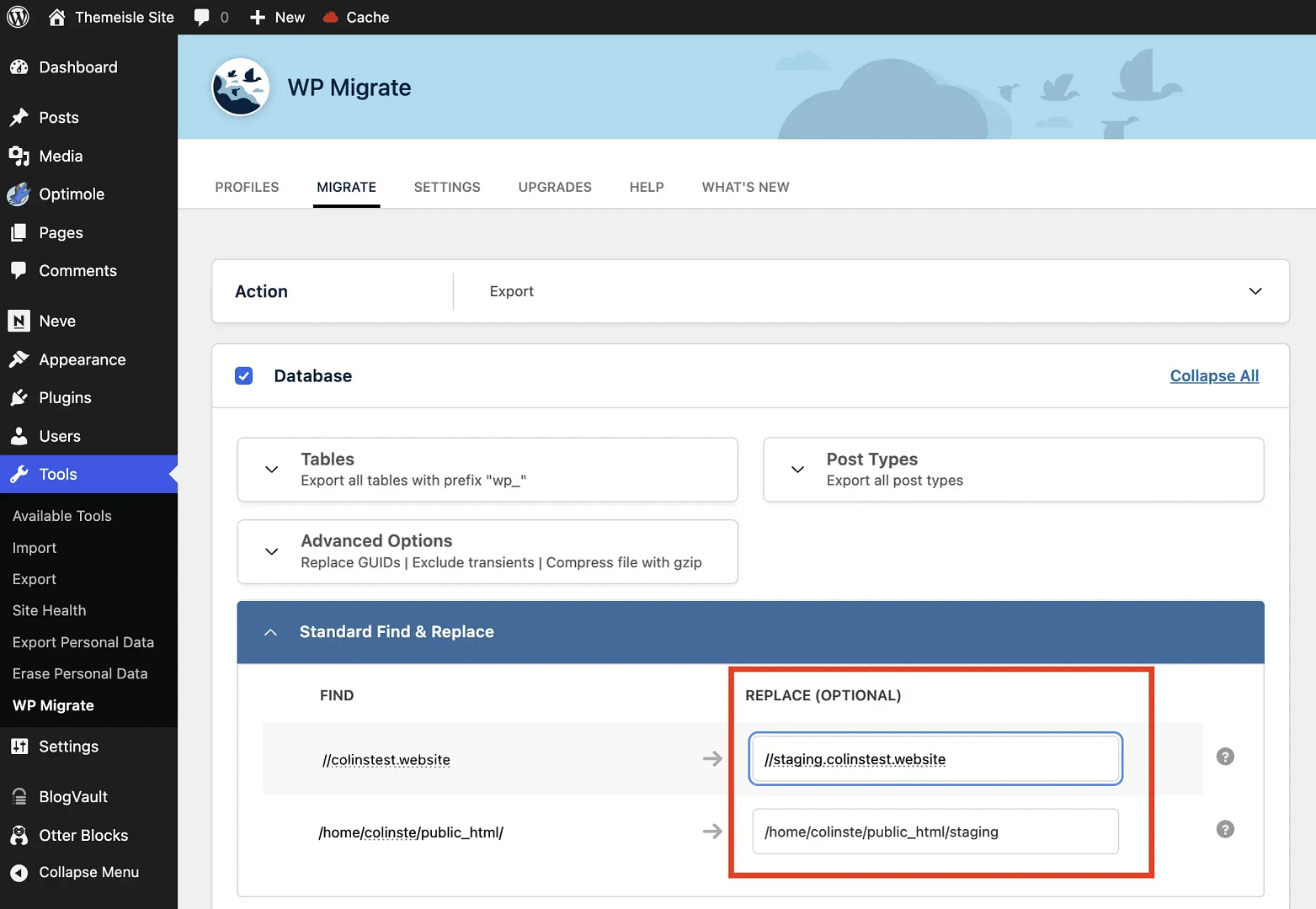 Using find and replace in the WP Migrate plugin.