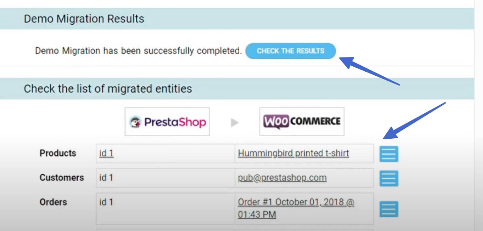 Check the demo results for PrestaShop to WooCommerce.