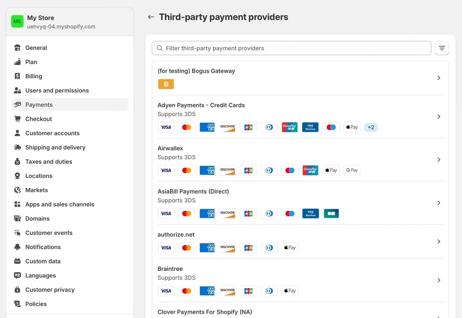 Third party payment providers on Shopify.
