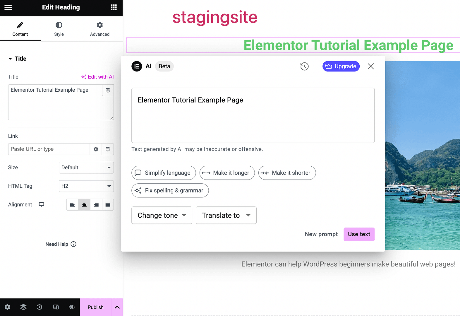 Elementor tutorial on using AI text generator.