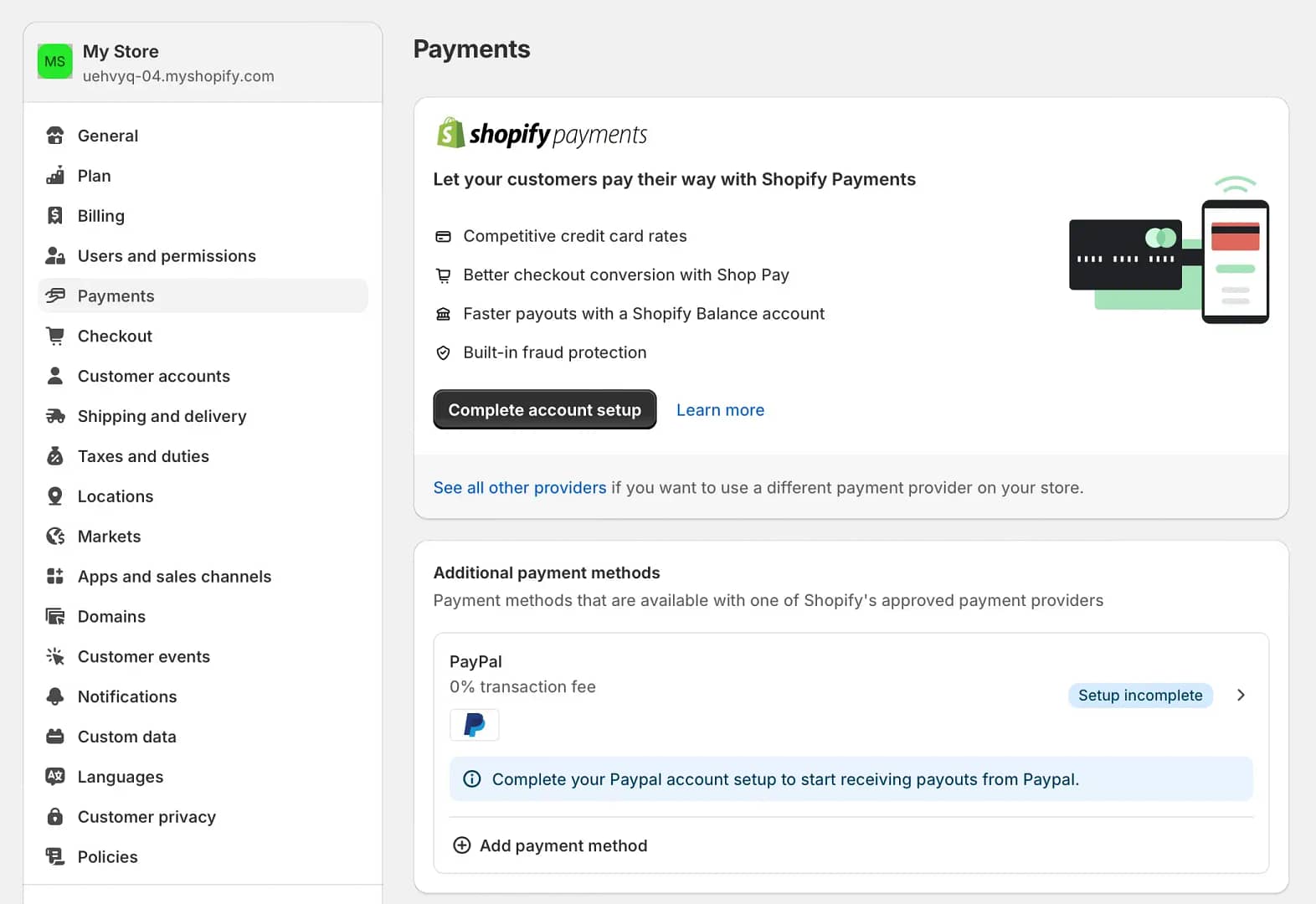 Activating Shopify Payments inside the Shopify dashboard.