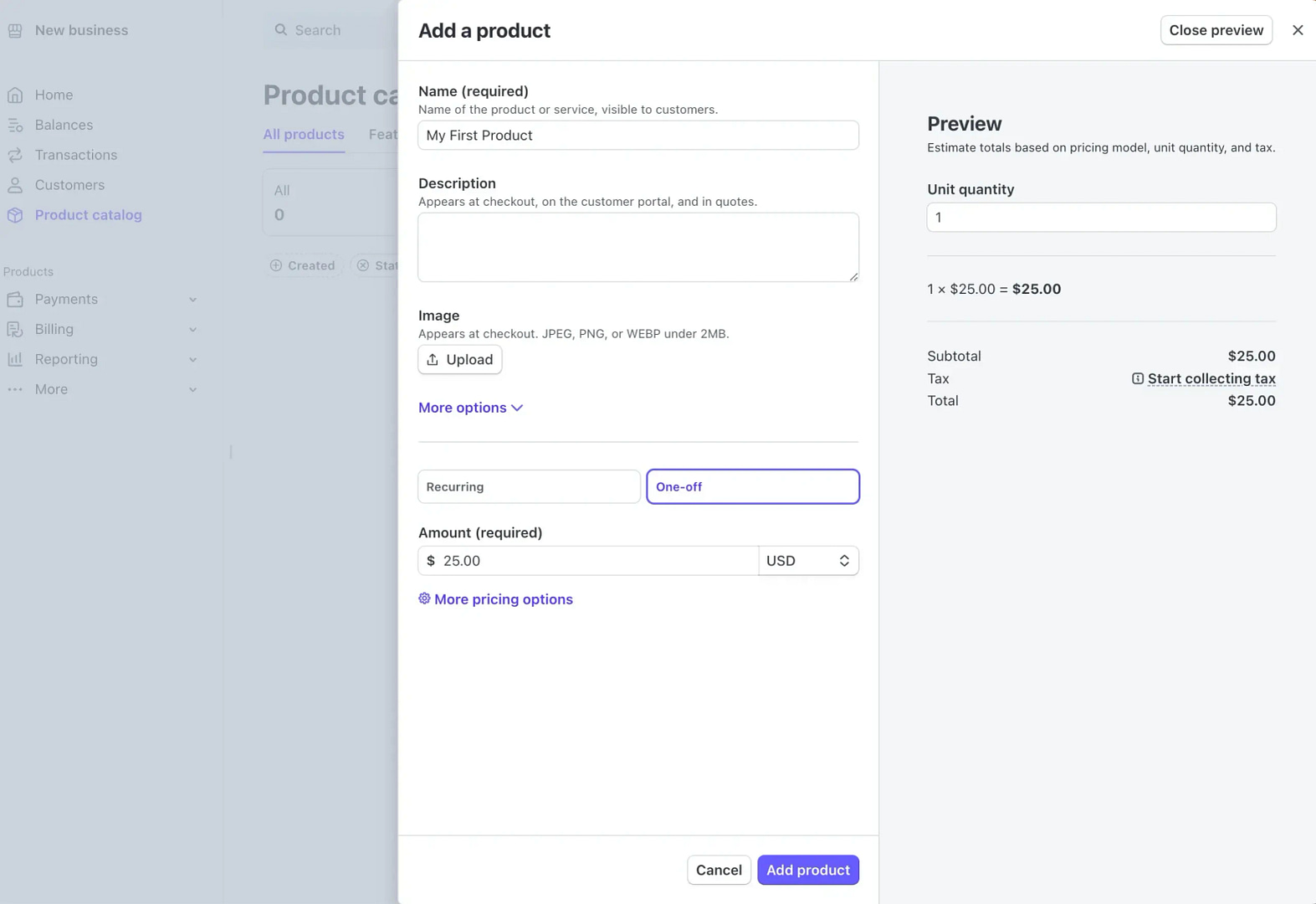 Adding product details in Stripe.