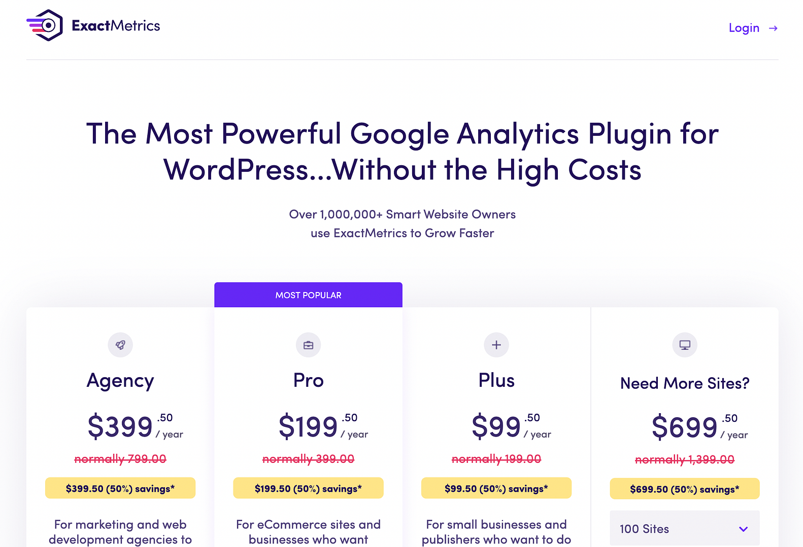 ExactMetrics pricing page when comparing MonsterInsights vs ExactMetrics.