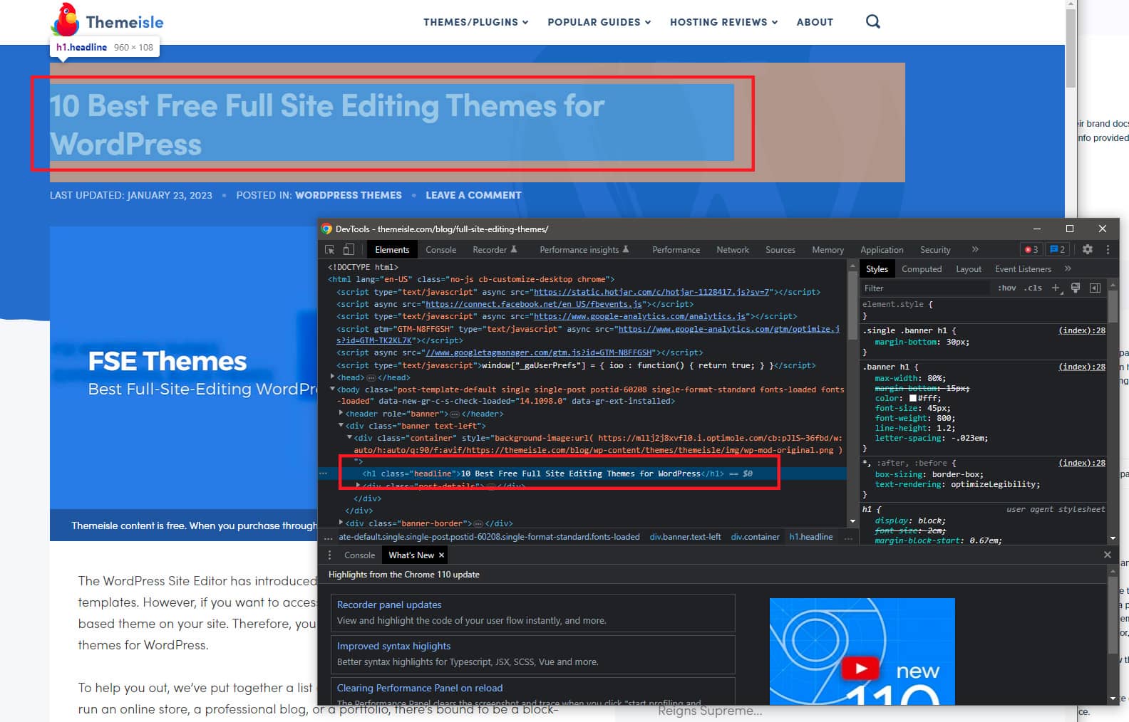 Using the Chrome Inspector tool to find the title element